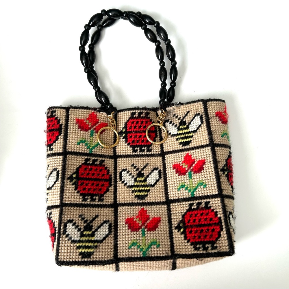 Vintage 1970’s Needlepoint Square Handbag Beaded Straps Bees Ladybug Floral - Picture 8 of 9